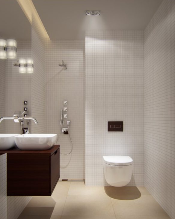 Salle de bain minimaliste avec des murs blancs et un sol beige, avec un grand miroir