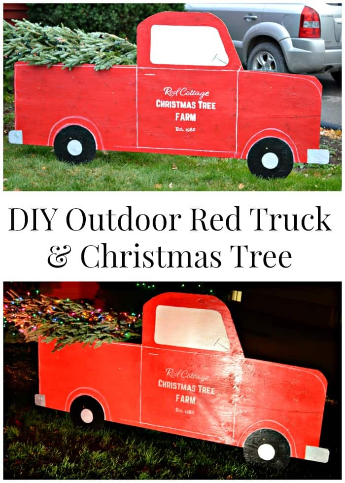 Camion rouge extérieur et arbre de noël