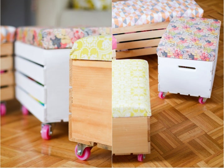 Diy crate toy box with wheels and a cushion