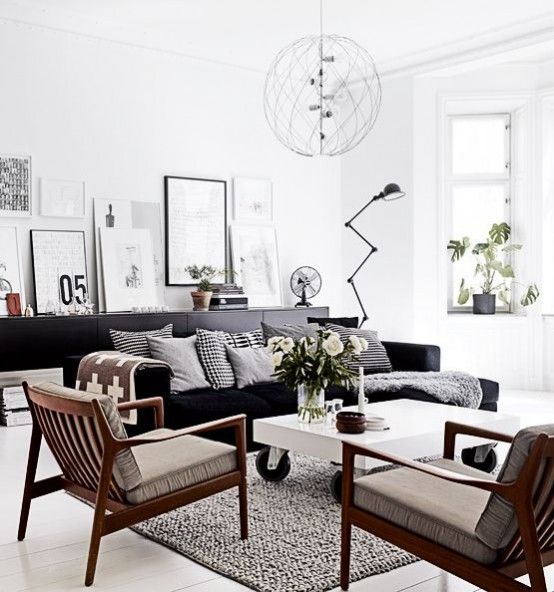 Salons de style nordique en noir et blanc