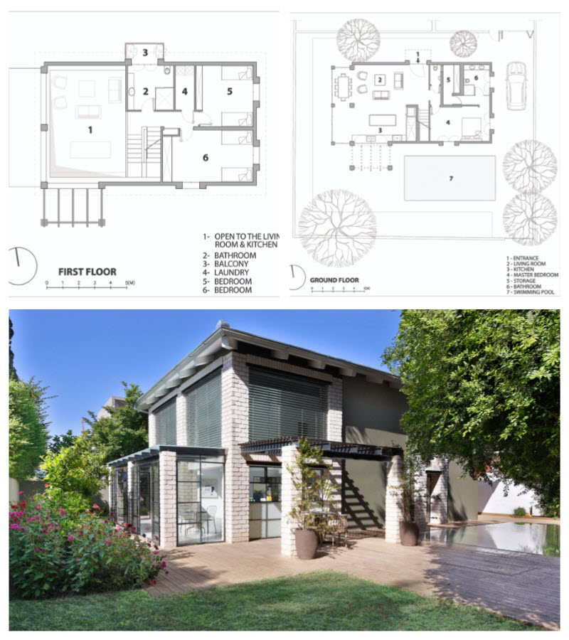 Plans et façade en brique d'une maison à deux étages Maison à deux étages construite avec un design en brique
