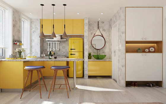 Conception de cuisine avec des meubles jaunes