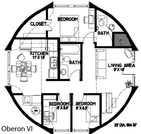 Plan de maison circulaire de trois chambres 