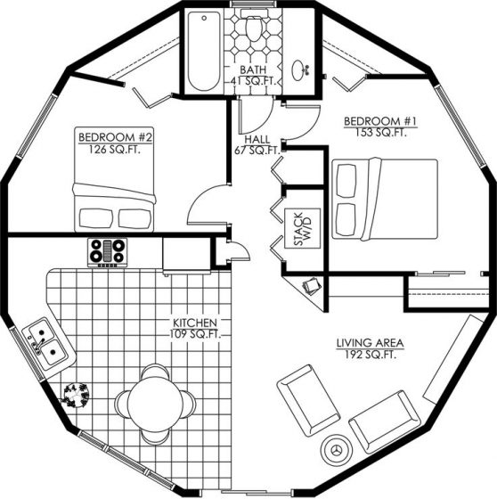 Plan de maison circulaire de deux chambres