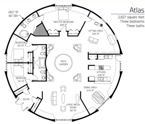 Plan de maison circulaire de grand diamètre 
