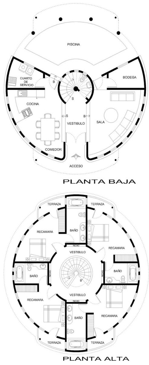 Plan de maison en cercle à deux étages