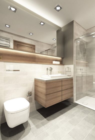 Petite salle de bain avec carrelage gris et bois