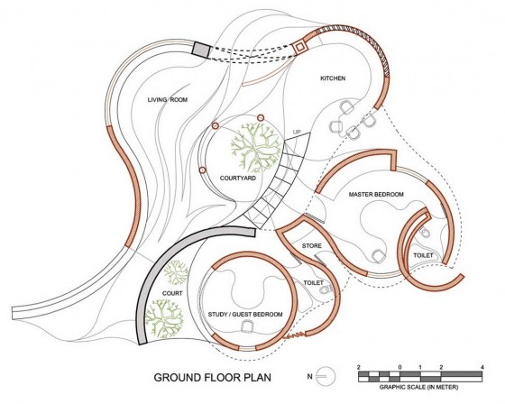 Plan de maison rustique organique de formes circulaires