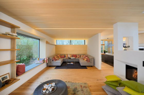 Conception de salon avec des murs et des plafonds en bois naturel