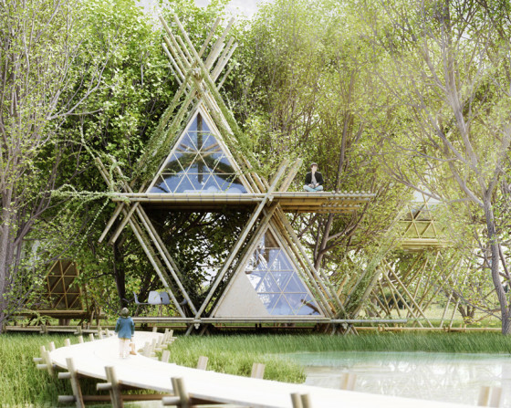 Conception de maison écologique en bambou à deux niveaux