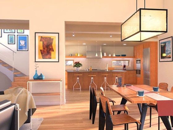 Conception de la salle à manger et de la cuisine d'une maison à deux étages