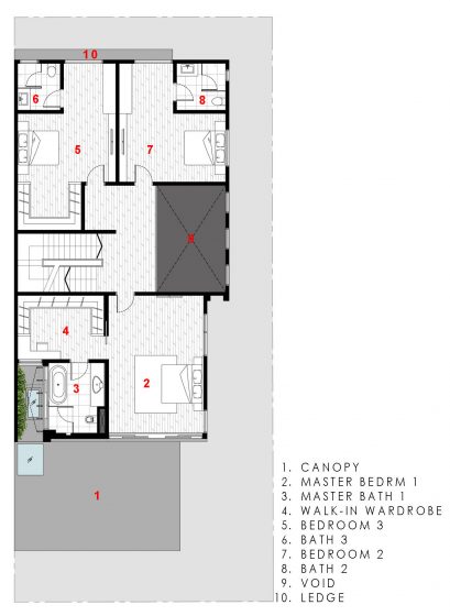 Plan de maison moderne de trois étages - deuxième étage