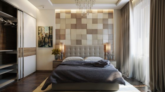 Conception de la chambre avec un mur en bois à la tête du lit 