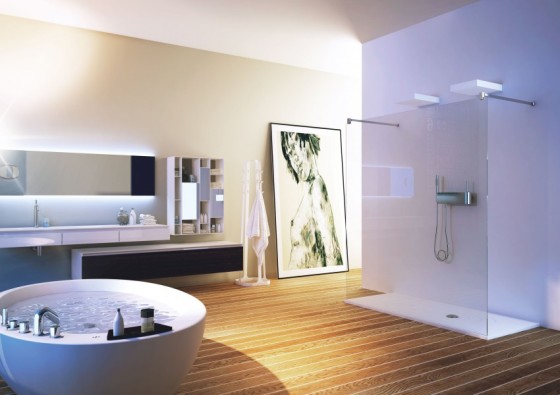Décoration de salle de bain moderne et spacieuse avec baignoire et douche