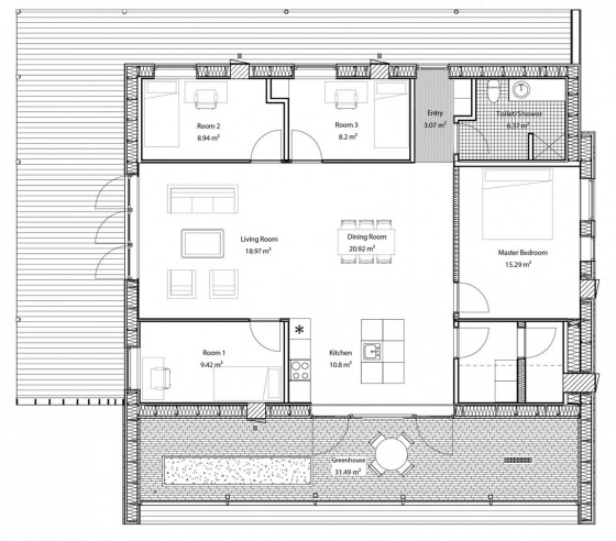 Plan de maison carré de quatre chambres