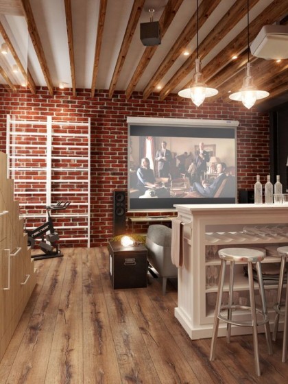 Conception de la salle avec bar et projecteur pour regarder des films et des vidéos