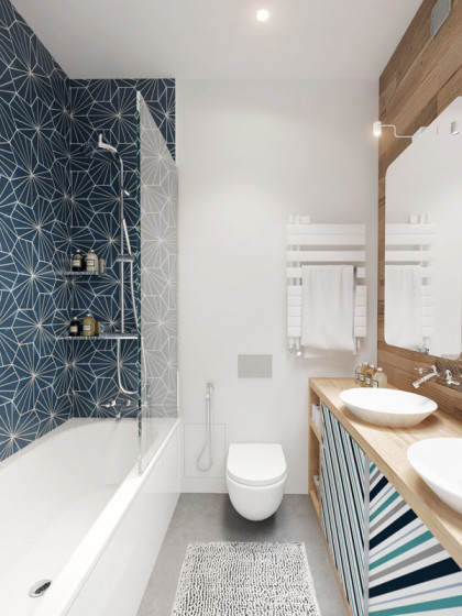 Conception de salle de bain dans les couleurs bleu, vert et blanc, avec du bois sur les murs