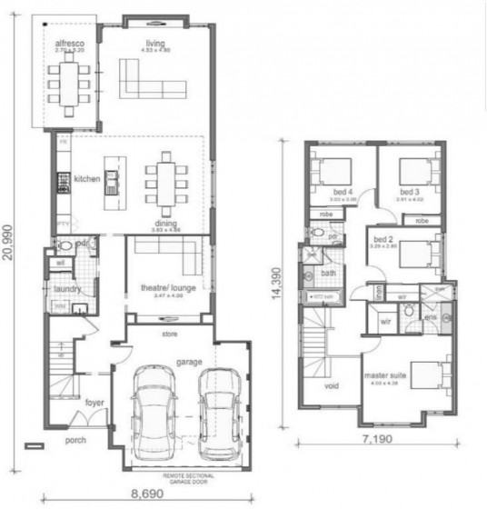 Plan de maison de quatre chambres à deux étages