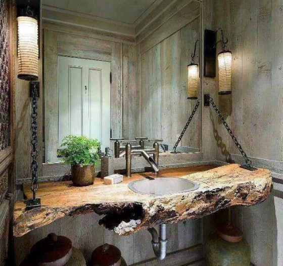 Design de salle de bain original avec lavabo en bois