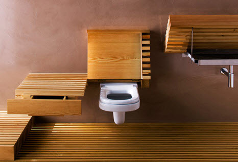 Design original de salle de bain avec toilettes en bois