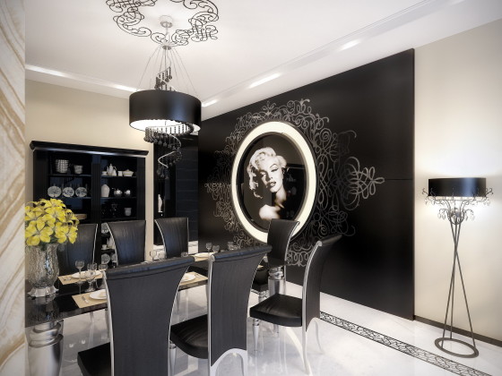 Design de salle à manger rétro en Autre avec des chaises noires et des peintures anciennes sur les murs.