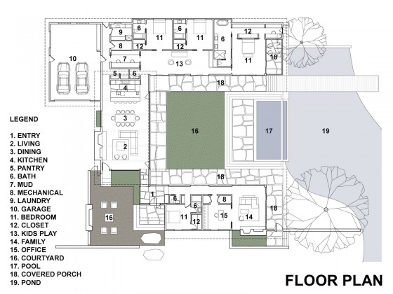 Plan d'une maison de plain-pied de 445 mètres carrés