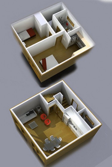 Plans 3D d'une très petite maison à deux étages