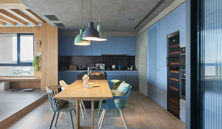 meubles cuisine salle à manger bois bleu
