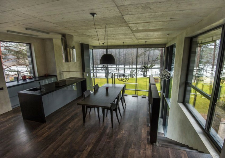 mur en béton maison plancher de bois idées de cuisine