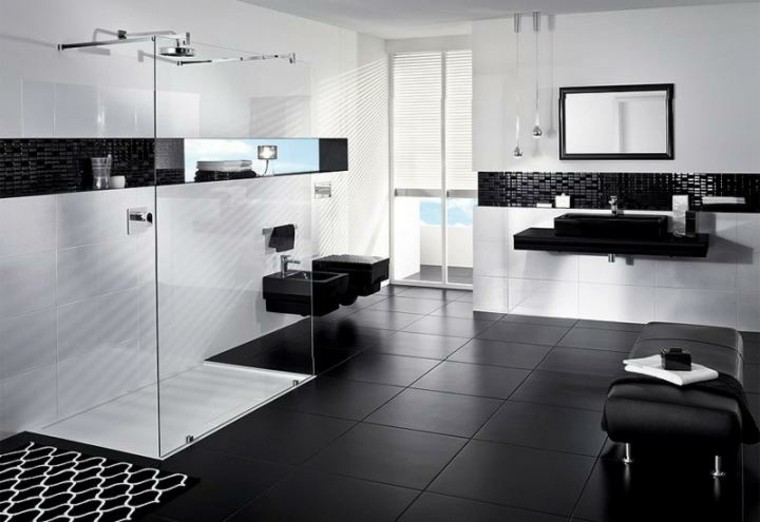 salle de bain esthétique cabine noire blanche