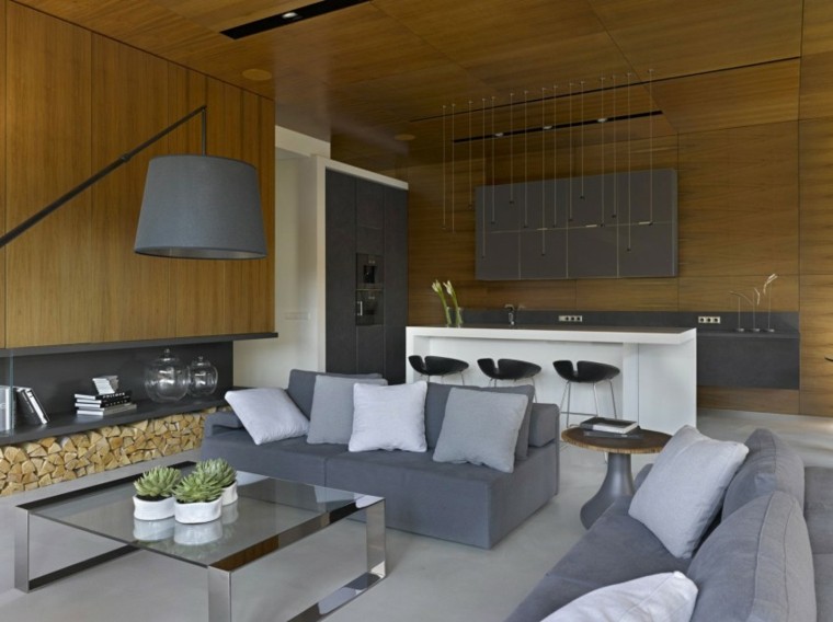 canapés gris mur en bois idées de salon moderne