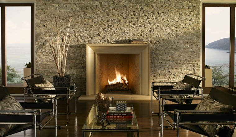 salon cheminée design moderne idées de mur en pierre