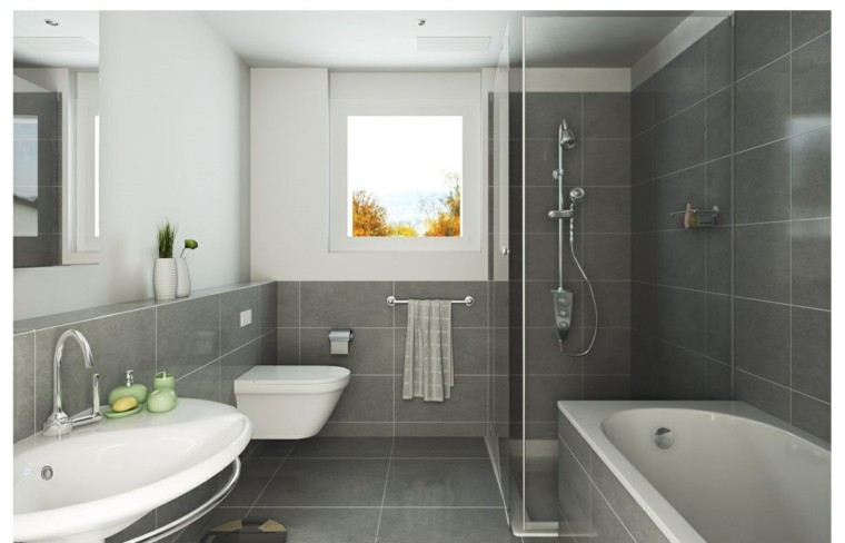 carrelage gris salle de bain baignoire lavabo blanc idées de vases décoratifs