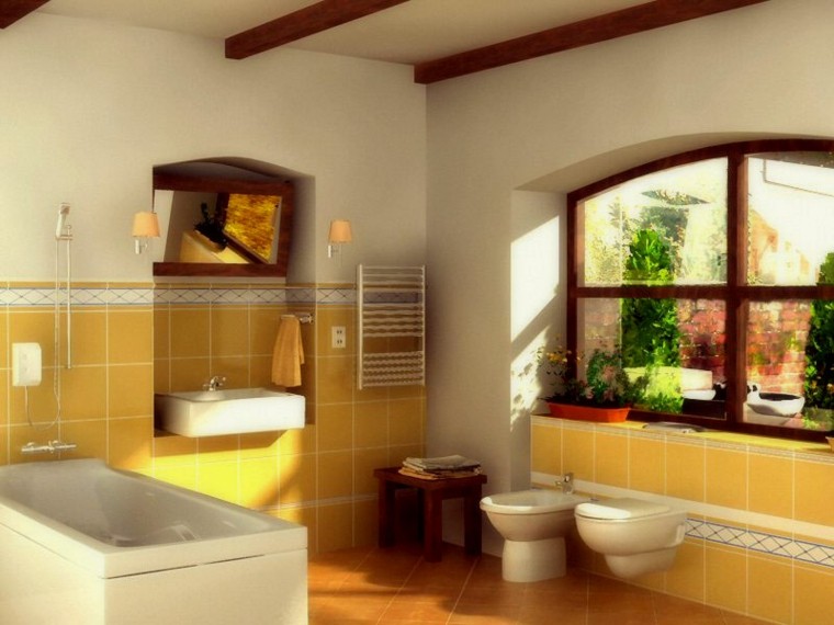 salle de bain carreaux jaunes baignoire petites idées modernes