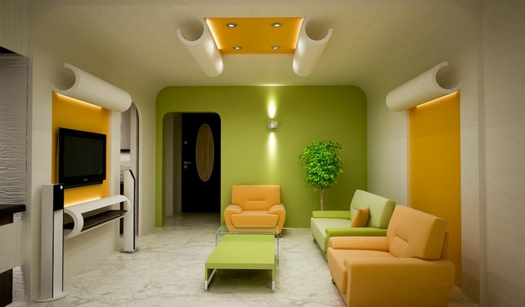 couleur mur orange vert idées de salon moderne