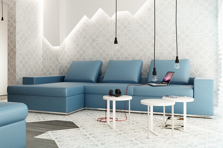papier peint luxueux salon canapé bleu idées modernes
