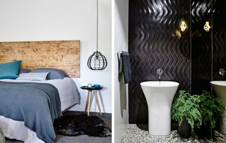 Идеи за кревет со дрвен мијалник за грб за спална соба со отворена бања