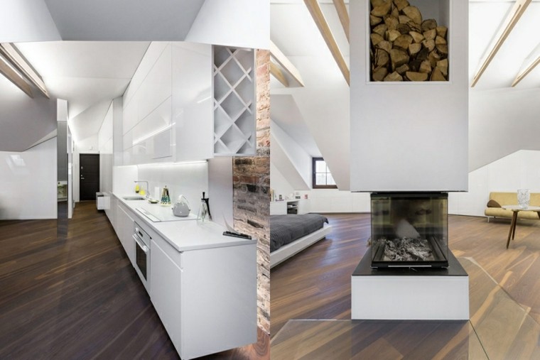 Идеи за кујнска соба со бел камин од дрво
