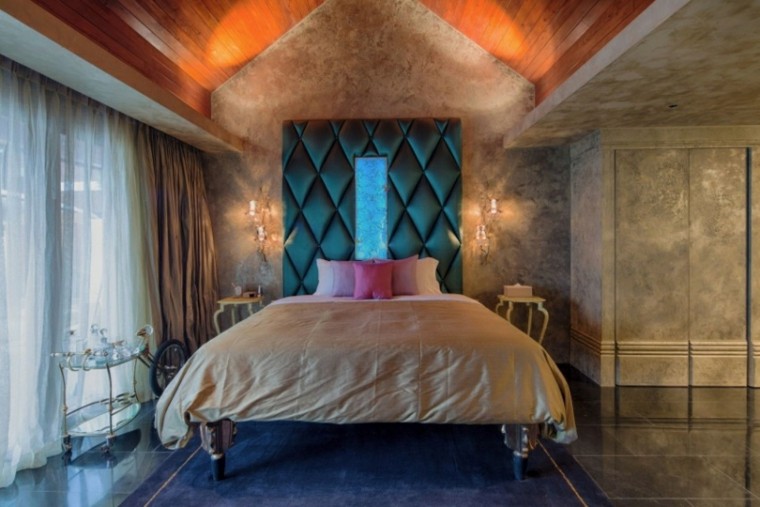 Папка за спална соба со зелен кревет за романтични идеи за осветлување