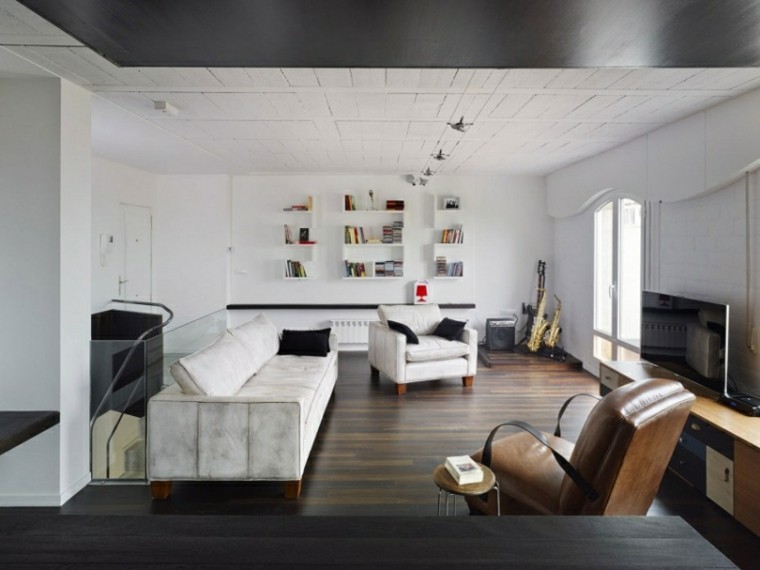 salon blanc canapés en bois au plafond idées de cuir
