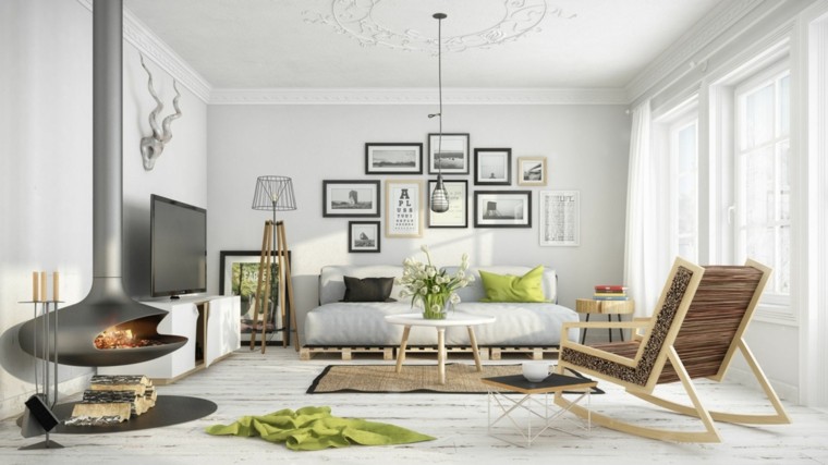 moderní interiér obývacího pokoje skandinávský styl krb nápady
