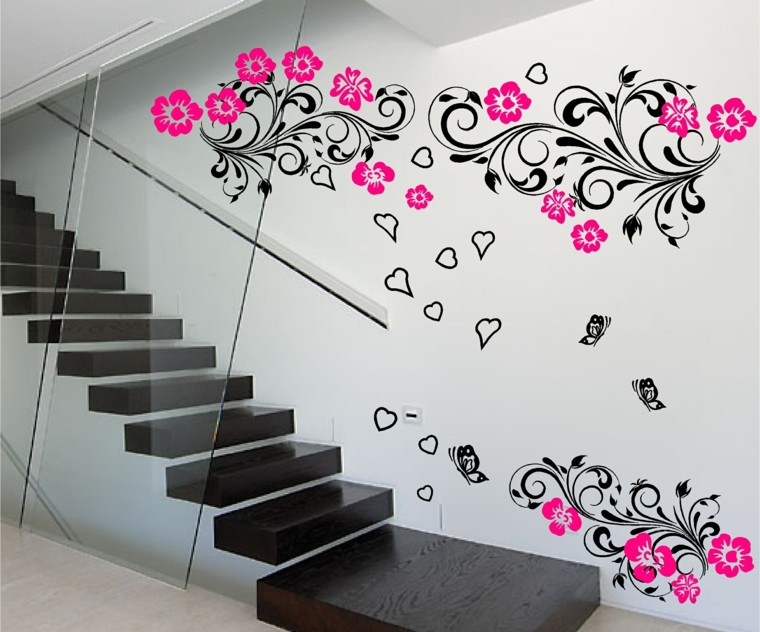 escalier vinyle design bois fleurs rose