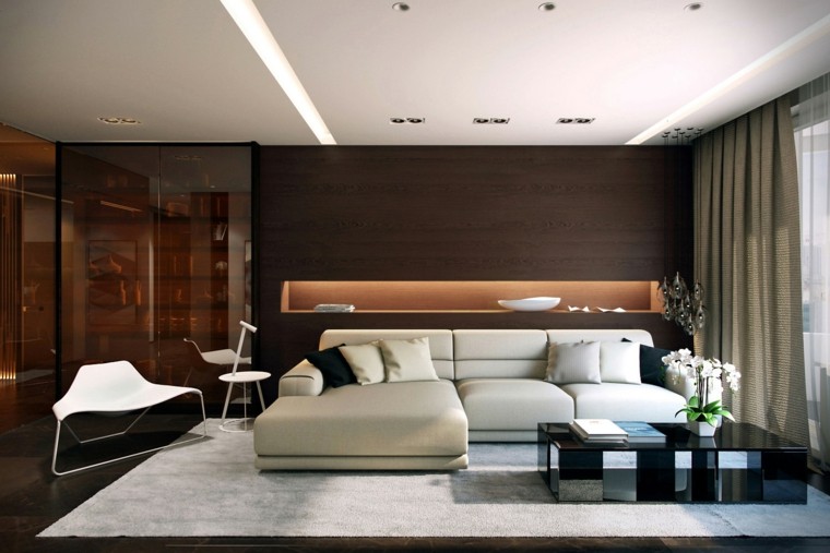 moderní interiérové ​​závěsy z tmavého dřeva