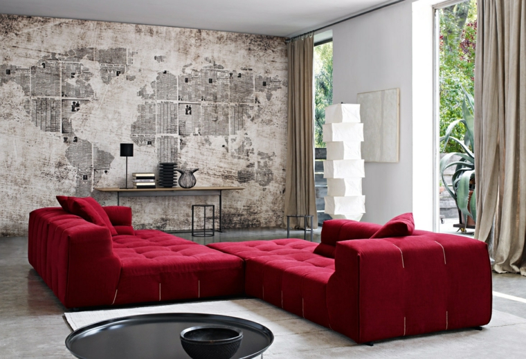 design karty obývacího pokoje červené závěsy na stůl