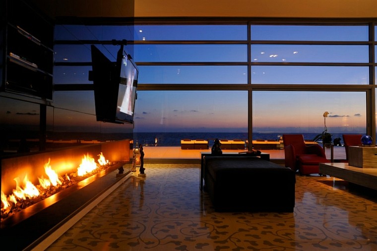 moderní minimalistický mužský obývací pokoj oheň